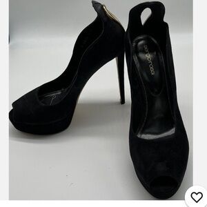 Sergio Rossi Black Suede Platform Peep Toe Pump w/ Gold Heel Cut-Out